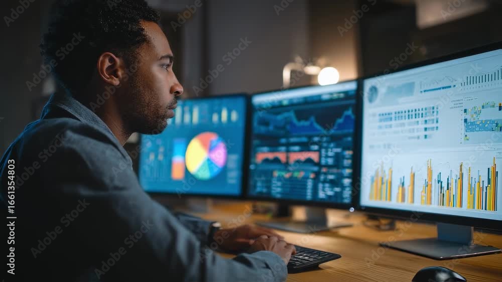 Poster a debt collector reviewing multiple screens with customer financial data strategizing the best appro
