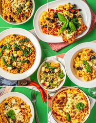 Assorted pasta dishes in vibrant colors