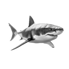 Weißer Hai (Großer Weißer Hai) freigestellt – isolierter Knorpelfisch auf weißem Hintergrund mit Schattenwurf, seitliche Perspektive, schwimmend; ideal für Natur, Tierwelt, Meeresbiologie