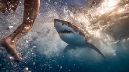 Weißer Hai (Großer Weißer Hai) Jagdszene unter Wasser – nahe an Schwimmerbeinen, Spritzwasser und Gischt; bedrohlicher Raubfisch, Haiangriff‑Konzept, Action‑Unterwasserfotografie im Ozean