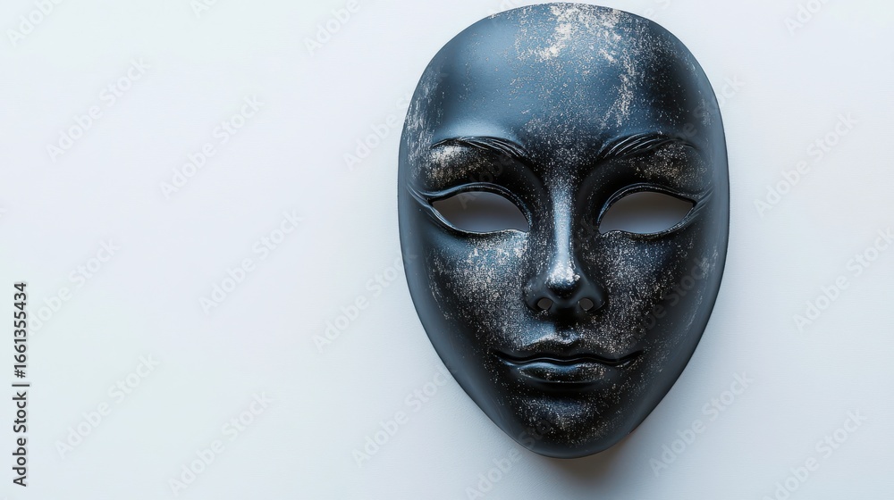 Poster mysterious mask on plain background in studio setting