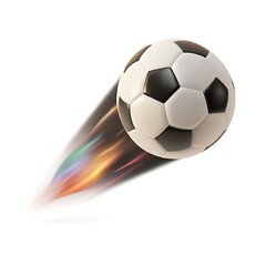 Naklejka premium Dynamic soccer ball in motion with fiery trails against a clean white background