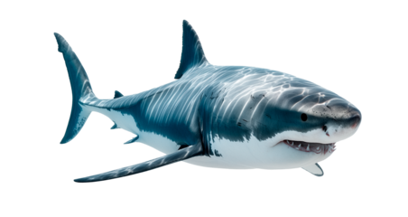 Großer Weißer Hai freigestellt auf weißem Hintergrund – schwimmender Knorpelfisch mit Schattenwurf und Lichtreflexen; maritimes Wildtier, Meeresraubtier, Unterwasser, Naturdokumentation
