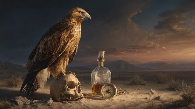 A majestic golden eagle perched atop a skull, overlooking a desolate desert landscape at sunset, with a vintage bottle and compass nearby.