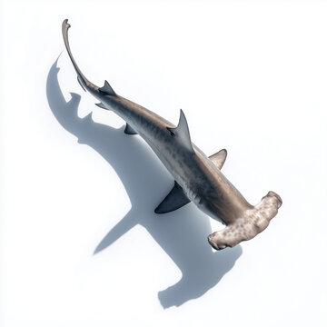 Hammerhai freigestellt auf wei&szlig;em Hintergrund &ndash; Draufsicht mit Schattenwurf; maritimes Wildtier, Meeresraubtier und Knorpelfisch &ndash; minimalistische Studioaufnahme mit Textfreiraum