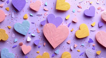 Colorful hearts arranged on a pastel background.