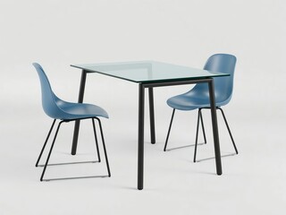 Fototapeta premium A glass table with two blue chairs on a white background studio shot