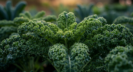 Lush kale plants with textured leaves in morning light