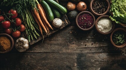 Fresh organic vegetables and spices beautifully arranged on rustic wooden table for healthy cooking