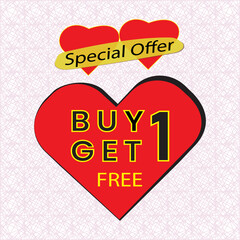 Buy One Get One Free banner with hearts and Special Offer text.