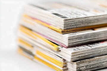 Stacked Magazines Close Up, Stack of White Papers, Colorful Edges, Information Overload