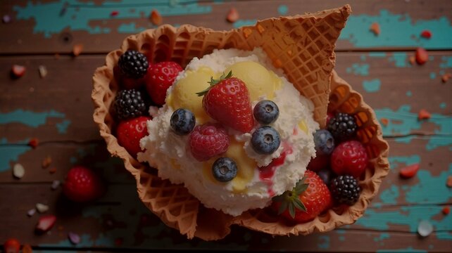 A vibrant waffle bowl filled with creamy ice cream and a colorful mix of fresh berries, set on rustic wood for a delicious and summery dessert scene.