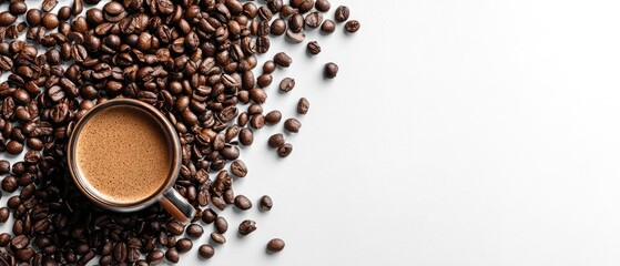 A cup of coffee surrounded by coffee beans on a white surface
