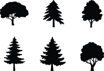 Tree silhouette vector collection with six unique shapes, rounded canopy and conical trees, black isolated forest elements for nature, landscape, and design