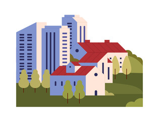 City landscape with residential and business districts. Geometric cityscape with houses, skyscrapers, office buildings. Urban architecture, town. Flat isolated vector illustration on white background