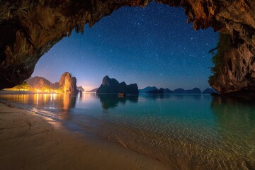 Starry night beach cave view