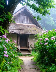 Misty morning cottage nestled in a garden