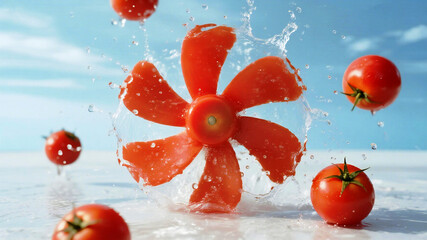 Fresh tomato propeller with splashing water against a bright blue sky creates a vibrant and unique food concept, perfect for creative advertising and summer recipes