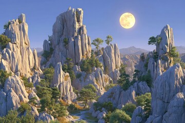 Lunar landscape of rocky peaks and trees