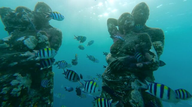 Underwater statues at Gili Meno, Indonesia, surrounded by tropical fish and coral in clear ocean. Famous snorkeling and diving site in Asia, combining marine life, art, and exotic travel.