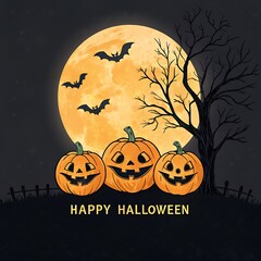 Fototapeta premium Spooky halloween night with carved pumpkins bats flying and a full moon behind a bare tree