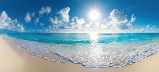 The breathtaking beach view under a radiant sun and clear blue skies.