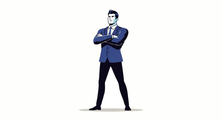 Confident businessman standing with arms crossed, wearing a suit, isolated on white background.
