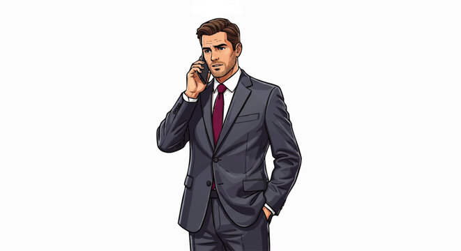 A serious businessman conducts a phone call, hand in pocket, dressed in a dark suit and red tie.