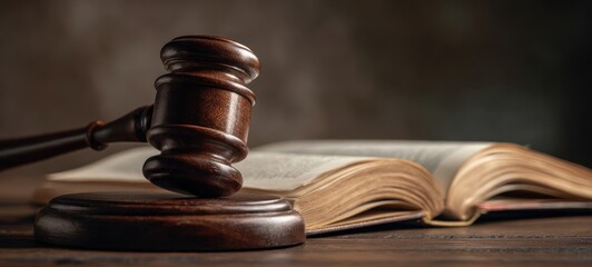 The gavel resting on an open legal book, symbolizing justice and authority.