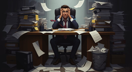 Overwhelmed businessman sits at a desk piled high with papers, holding his head in frustration.
