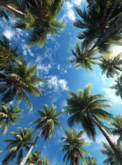 Palm trees and a bright sky, seen from below