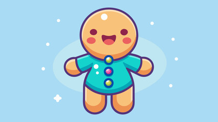 Cartoon gingerbread man with a teal shirt and colorful buttons on a light blue background with snowflakes