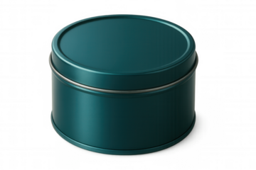 Metal storage tin, round green container with clear backdrop, holding dry goods like tea or coffee, compact size