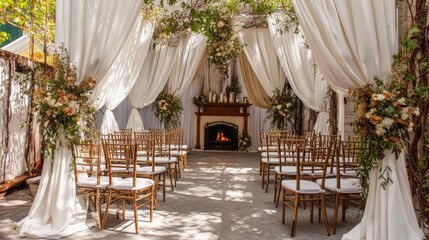 Obraz premium Charming outdoor wedding ceremony adorned with elegant white drapes and lush floral arrangements