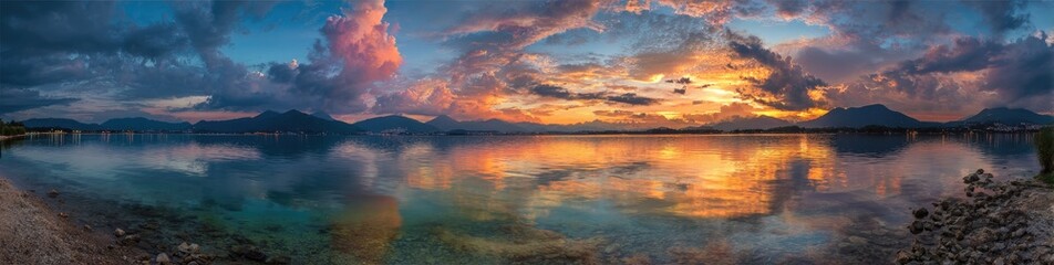Obraz premium Serene lake at sunset, vibrant clouds reflected in still water