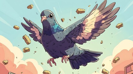 Pigeon in flight with food