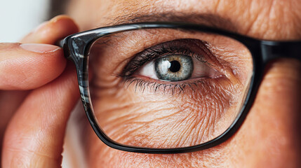 Close-up of an older woman&rsquo;s eye with glasses highlighting intricate details and textures, captured in high resolution