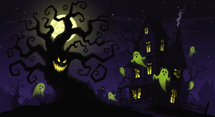 Spooky Halloween scene featuring a haunted house, gnarled tree with a scary face, and floating ghosts under a full moon.