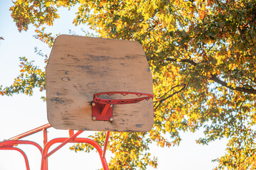An old weathered outdoor basketball hoop with a worn wooden backboard and rusty rim is set against autumn foliage and bright sunlight in a park.
