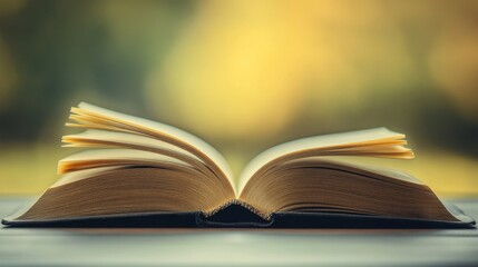 Obraz premium Open book on table in serene outdoor garden setting