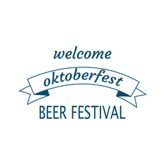 Blue text welcome oktoberfest beer festival and scroll ribbon. Composition isolated on white or transparent background. Vector illustration. Festive element close-up for design decoration.
