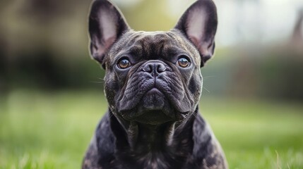 Curious French Bulldog sitting in sunny garden