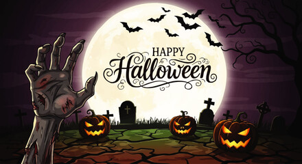 A zombie hand reaches towards a full moon, with Halloween text and jack-o'-lanterns in a spooky graveyard scene.