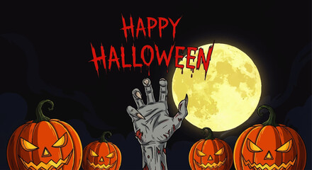Halloween zombie hand reaching out, surrounded by jack-o'-lanterns under a full moon.