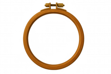 Wooden embroidery hoop featuring brass adjustment mechanism, positioned against transparent backdrop for needlework crafting preparation