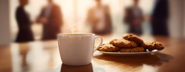 The Coffee Mug on Wooden Table with Cookies in Warm Office Break Room