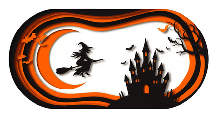 A Halloween themed illustration featuring a witch flying on a broomstick, a castle, bats, a moon, and a spooky tree.