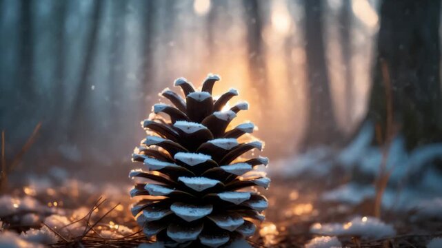 Frosted pine cone shimmering on sunlit snowy forest floor