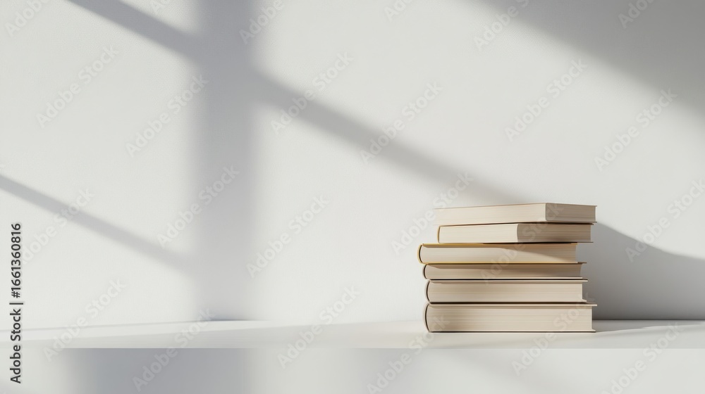 Aufkleber stack of books on minimalist shelf in serene indoor setting