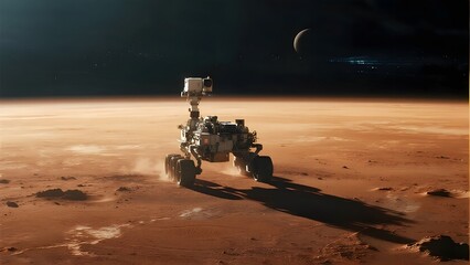 Mars Rover Exploring the Red Planet's Surface Under a Crescent Moon